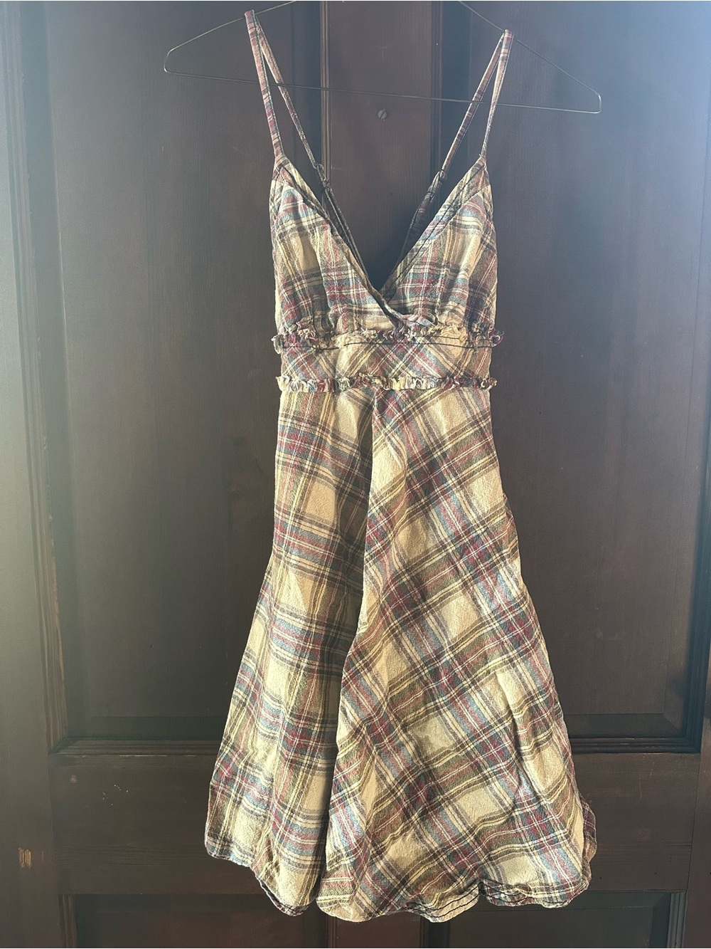 Vintage Free People Plaid Spaghetti-Strap dress in Beige, Burgundy, and Blue